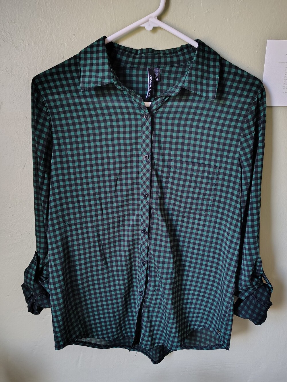 ☀️5/$25☀️ O'Neill Women's Medium Green and Black Checkered Button-Up Shirt